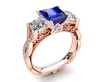 Blue Sapphire Ring 1.35 Carat Princess Cut Blue Sapphire And Moissanite Three Stone Ring In 14k or 18k Rose Gold CF22BUR