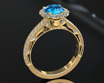 Topaz Ring Victorian style 1.00 Carat Blue Topaz And Diamond Ring In 14k or 18k Yellow Gold. Matching Wedding Band Available W23BU2Y