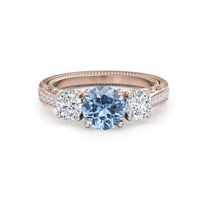 Aquamarine Engagement Ring, Bridal Wedding Set, Womens Diamond Three Stone Ring, Vintage Style Anniversary Ring, Solid Gold Or Platinum