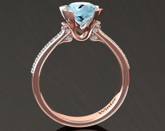 1.50 Carat Aquamarine And Diamond Ring In 14k or 18k Rose Gold. Matching Wedding Band Available W18AQUAR