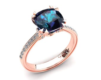 Rose Gold Alexandrite Ring 3.10 Carat Cushion Cut Alexandrite And Diamond Ring 14k or 18k Rose Gold. Wedding Band Available  W26ALEXR