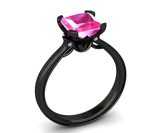 Pink Sapphire Ring 2.00 Carat Princess Cut Pink Sapphire And Diamond Ring In 14k or 18k Black Gold. Matching Wedding Band Available SW17PKBK