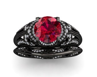 Ruby Engagement Ring 1.50 Carat Ruby And Diamond Victorian Style Ring In 14k or 18k Black Gold Style Number Wedding Set Available VS1RUBYBK