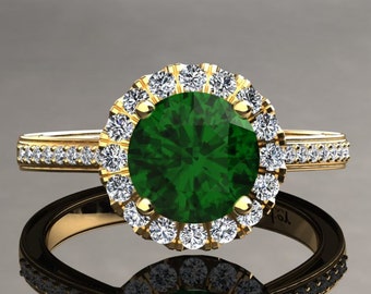 Emerald Engagement Ring 1.50 Carat Emerald And Diamond Ring In 14k or 18k Yellow Gold. Matching Wedding Band Available W20GY