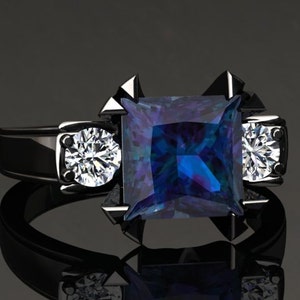 Alexandrite Ring Black Gold 2.00 Carat Princess Cut Alexandrite And Diamond Ring 14k or 18k Black Gold. Wedding Set Available SW16ALEXBK image 1