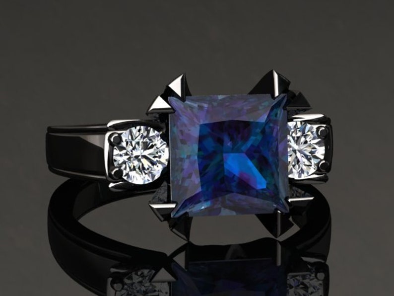 Alexandrite Ring Black Gold 2.00 Carat Princess Cut Alexandrite And Diamond Ring 14k or 18k Black Gold. Wedding Set Available SW16ALEXBK image 1