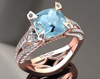 3.10 Carat Cushion Cut Aquamarine And Diamond Ring In 14k or 18k Rose Gold. Style Number W31AQUAR