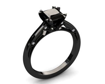 Unique Black Diamond Ring 1.30 Carat Princess Cut Natural Black Diamond Ring In 14k or 18k Black Gold. Wedding Band Available W29BKDBK