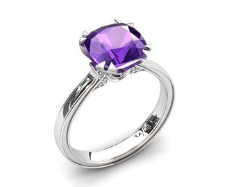 Amethyst Engagement Ring 2.00 Carat Cushion Cut Amethyst Solitaire Ring In 14k or 18k White Gold. Matching Wedding Band Available W26SPUW