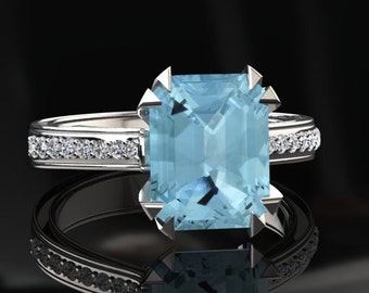 2.00 Carat Emerald Cut Aquamarine And Diamond Ring In 14k or 18k White Gold. Matching Wedding Band Available W13AQUAW