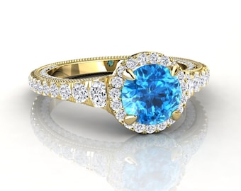 Blue Topaz Engagement Ring, Modern Gemstone Halo Anniversary Ring, Pave Set Natural VS Quality Diamonds, 14k or 18k Solid Yellow Gold