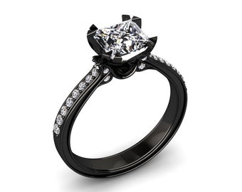 Moissanite Ring 1.00 Carat Princess Cut Forever One Moissanite Engagement Ring 14k or 18k Black Gold. Matching Band Available SW12MOISB