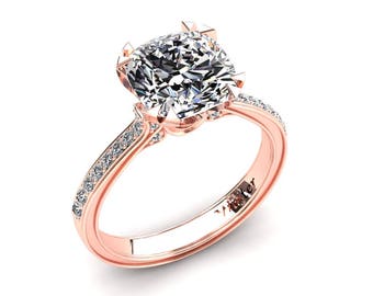 Moissanite Ring Cushion Cut 2.15 Carat Forever One Moissanite Engagement Ring 14k or 18k Rose Gold. Matching Wedding Band Available W26MOISR