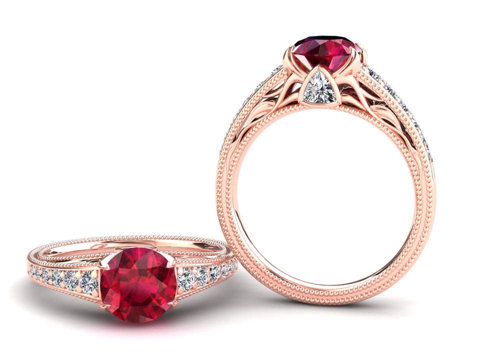 Rose Gold Ruby Ring 1.50 Carat Ruby Ring Set With Natural | Etsy