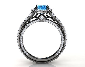 Black Gold Blue Topaz Halo Engagement Ring, Modern Gemstone Anniversary Ring, Pave Set Natural VS Quality Diamonds, 14k or 18k Solid Gold