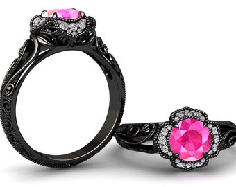 Pink Sapphire Ring 1.50 Carat Pink Sapphire And Diamond Ring In 14k or 18k Black Gold Style Number WH2PKBK
