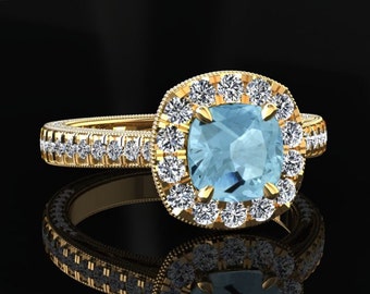 1.20 Carat Cushion Aquamarine And Diamond Ring In 14k or 18k Yellow Gold. Matching Wedding Band Available SW6AQUAY
