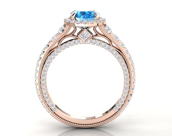 Blue Topaz Rose Gold Halo Engagement Ring, Modern Gemstone Anniversary Ring, Pave Set Natural VS Quality Diamonds, 14k or 18k Solid Gold