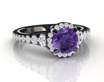 Black Gold Amethyst Halo Engagement Ring, Pave Set Natural Diamond Accent Stones, Unique And Modern Gemstone Engagement Ring In 14k or 18k