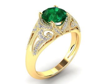 Victorian Style Emerald Ring 1.50 Carat Emerald And Diamond Ring In 14k or 18k Yellow Gold Style Number VS1GY Matching Band Available