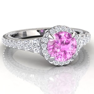 Anel de noivado Halo de safira rosa, anel de aniversário de pedra preciosa moderno, anel de ouro branco 14k ou 18k, aliança de casamento correspondente, safira rosa claro