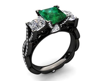 Black Gold Emerald Ring 1.35 Carat Princess Cut Emerald And Moissanite Three Stone Ring In 14k or 18k Black Gold CF22GBK