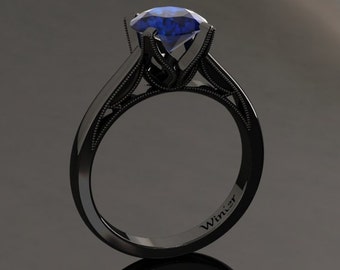 Sapphire Engagement Ring 1.50 Carat Blue Sapphire Ring In 14k or 18k Black Gold. Matching Wedding Band Available W3BUBK