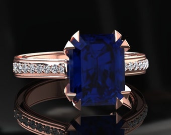 Sapphire Engagement Ring 2.00 Carat Emerald Cut Blue Sapphire And Diamond Ring 14k or 18k Rose Gold. Matching Wedding Band Available W13BUR