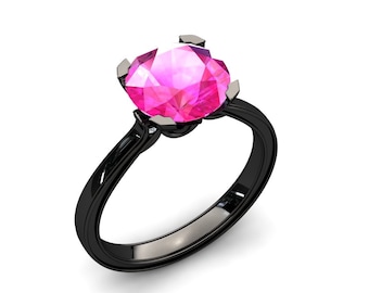 Pink Sapphire Ring 2.00 Carat Round Pink Sapphire And Diamond Ring In 14k or 18k Black Gold. Matching Wedding Band Available SW1PKBK