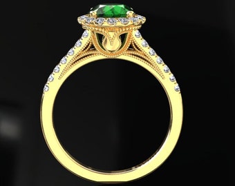 Yellow Gold Emerald Engagement Ring 1.50 Carat Emerald And Diamond Ring In 14k or 18k Yellow Gold. Matching Wedding Band Available W9GY