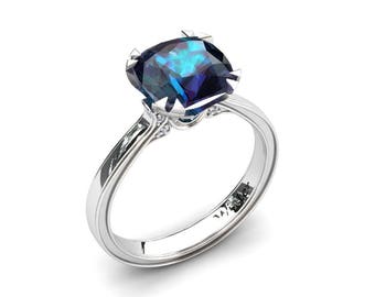 Alexandrite Solitaire Ring 3.10 Carat Cushion Cut Alexandrite And Diamond Ring 14k or 18k White Gold. Wedding Set Available W26SALEXW