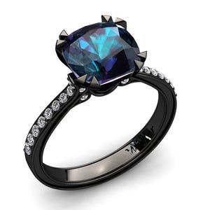 Modern Alexandrite Ring 3.10 Carat Cushion Cut Alexandrite And Diamond Ring 14k or 18k Black Gold. Matching Wedding Band Available  W26ALEXB