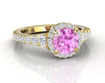Pink Sapphire Halo Engagement Ring, Modern Gemstone Anniversary Ring, 14k or 18k Yellow Gold Ring, Matching Wedding Band Bridal Set