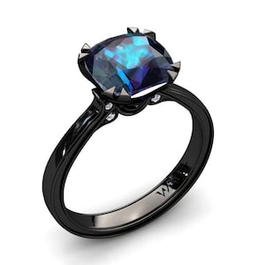 Alexandrite Ring 3.10 Carat Cushion Cut Alexandrite And Diamond Ring 14k or 18k Black Gold Matching Wedding Band Available W26SALEXBK