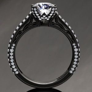 Black Gold Forever One 1.00 Carat Moissanite And Diamond Engagement Ring 14k or 18k Black Gold. Matching Wedding Band Available SW9MOISBK