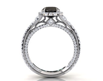 Black Diamond Engagement Ring, 1.3 Carat Natural Black Diamond Halo Women's Ring, 14k or 18k White Gold Anniversary Ring, Unique Jewelry