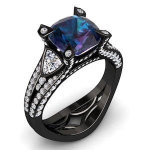 Modern Alexandrite Ring 3.10 Carat Cushion Cut Alexandrite And Diamond Ring 14k or 18k Black Gold W31ALEXBK