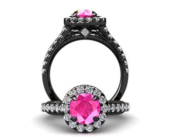 Pink Sapphire Ring 1.50 Carat Pink Sapphire And Diamond Ring In 14k or 18k Black Gold Style Number WH1PKBK