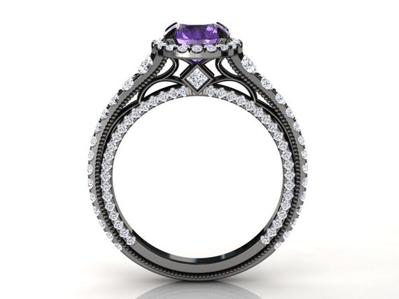 Black Gold Amethyst Halo Engagement Ring Pave Set Natural Diamond