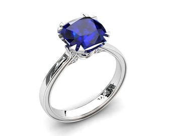 Blue Sapphire Ring 3.10 Carat Cushion Cut Blue Sapphire And Diamond Ring In 14k or 18k White Gold. Matching Wedding Band Available W26SBUW