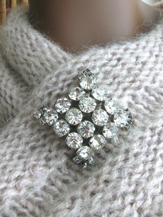 Vintage Silver Brooch, Rhinestone Brooch, 1950's J