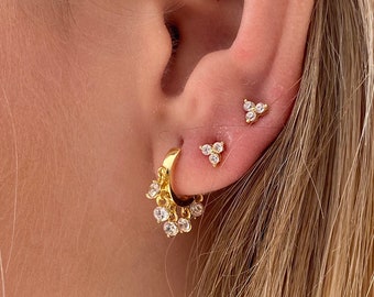 Dainty cz gold hoops, cz dangle charm hoops, huggie hoops, tiny gold hoops, silver hoops, zircon hoops, dangle charm earrings, mini hoops,