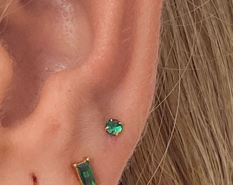 Tiny gold green cz studs, dainty gold studs, round small stud earrings, green emerald earrings, second hole earrings, cartilage earrings,