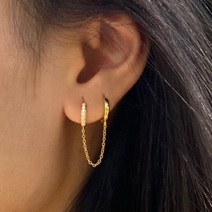 Gold cz hoops with chain, sterling silver hoops, earrings with chain, huggie hoops, gift for her