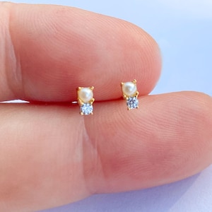 Dainty pearl studs, tiny gold earrings, minimalist earrings, cartilage studs, multiple studs, pearl earrings, dainty cz gold studs,