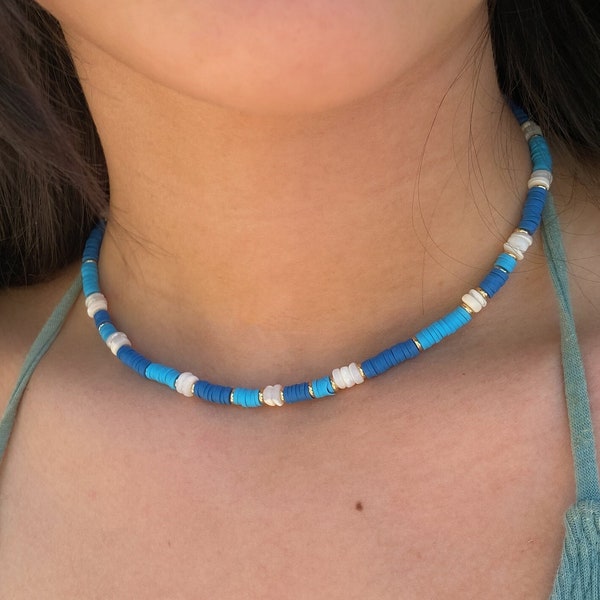 Dainty Surfer summer choker, beaded choker necklace, blue choker for women, surfer jewerly gift for women