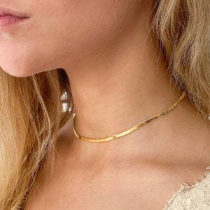 Gargantilla plata bañada en oro de 18k, gargantilla serpiente dorada, collar ajustable, cadena serpiente plana dorada, gargantilla moda