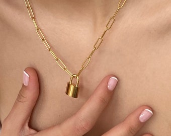 Gold Padlock necklace, dainty gold necklace, layered necklace, cube chain necklace,  gold necklace for women