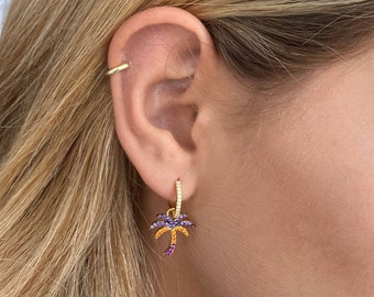 Palm tree earrings, dainty gold cz palm tree hoops, minimalist earrings, multicolored earrings, huggie gold hoops, cubic circonia earrings,