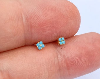 Minimalist turquoise stud earrings, blue cz stud earrings, mini square studs, dainty gold square studs, second hole stud earrings